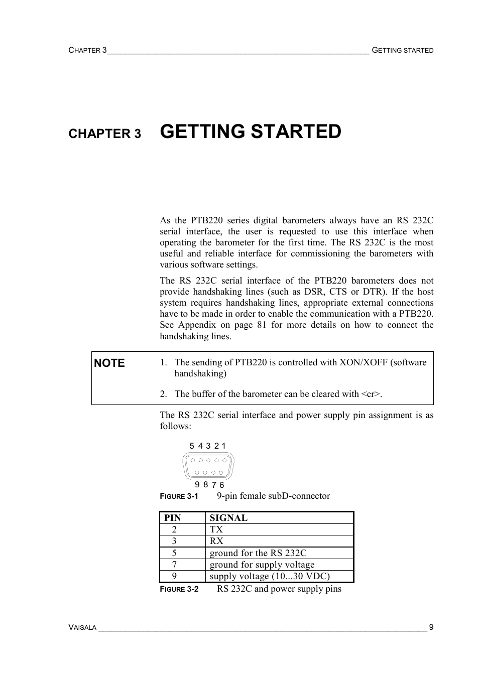 Chapter 3 getting started, Chapter 3, Getting started | Vaisala PTB220 User Manual | Page 15 / 113