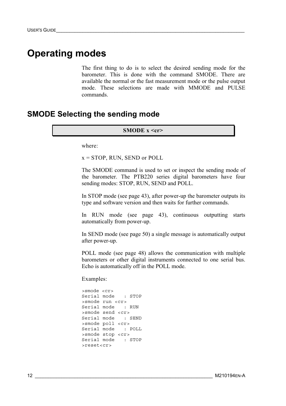 Operating modes, Smode selecting the sending mode | Vaisala PTB220 User Manual | Page 18 / 113