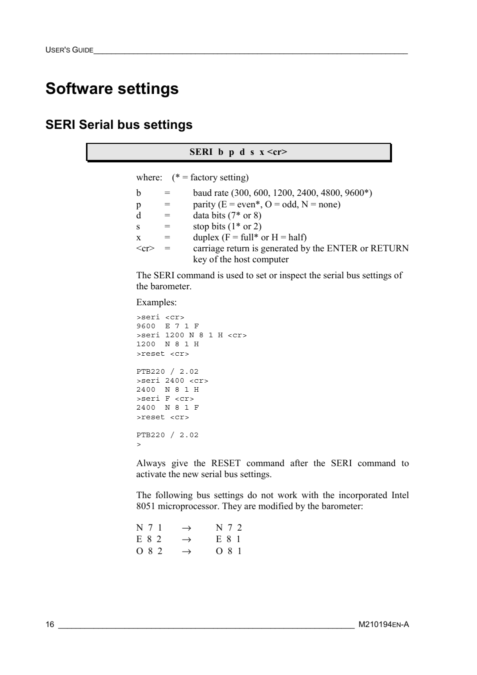 Software settings, Seri serial bus settings | Vaisala PTB220 User Manual | Page 22 / 113