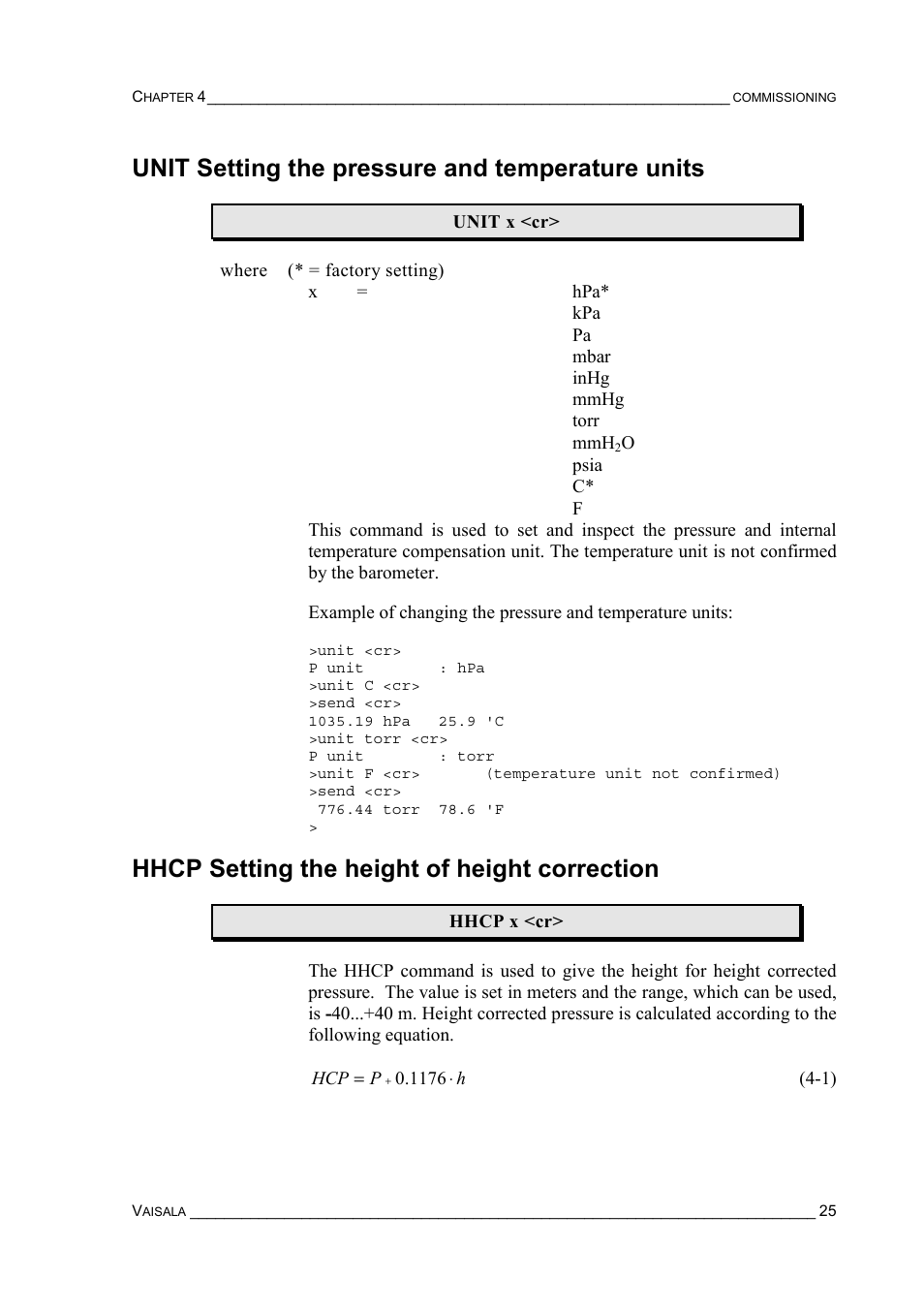 Unit setting the pressure and temperature units, Hhcp setting the height of height correction | Vaisala PTB220 User Manual | Page 31 / 113