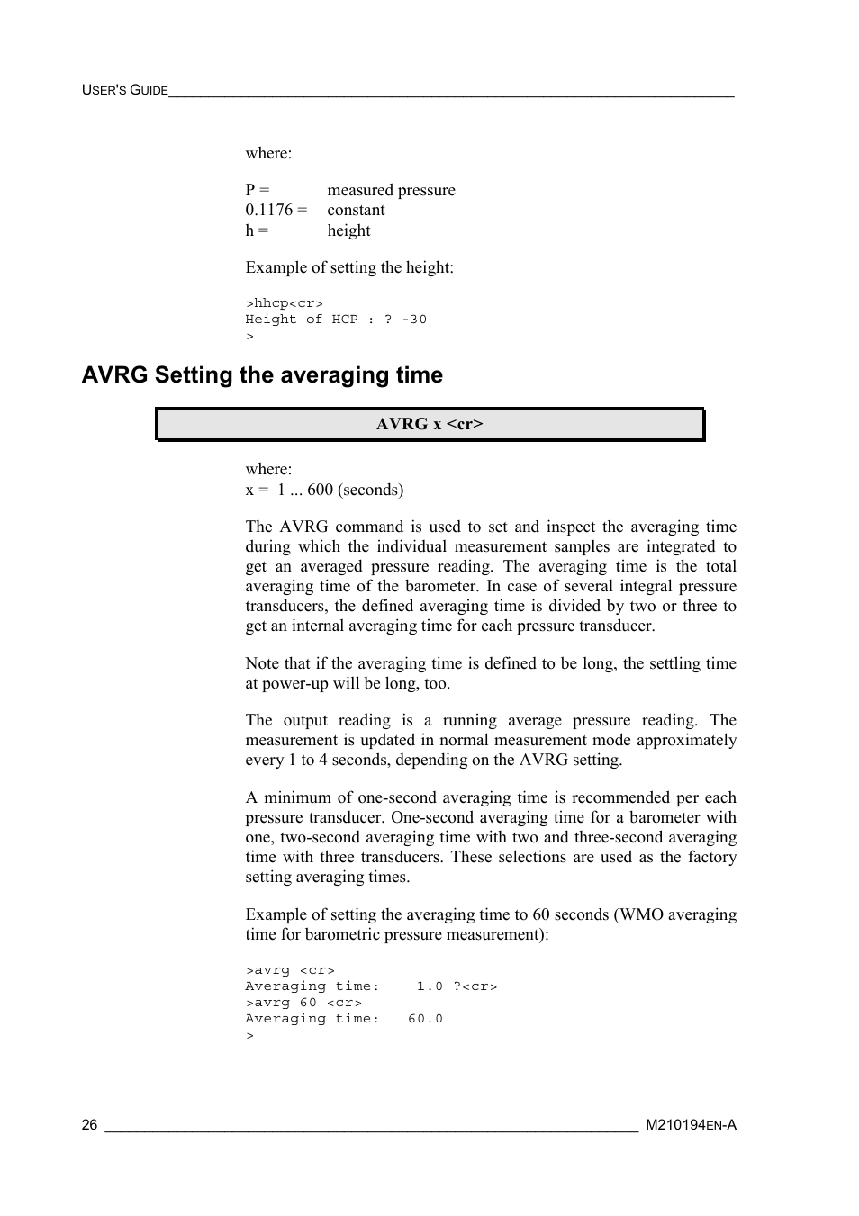 Avrg setting the averaging time | Vaisala PTB220 User Manual | Page 32 / 113