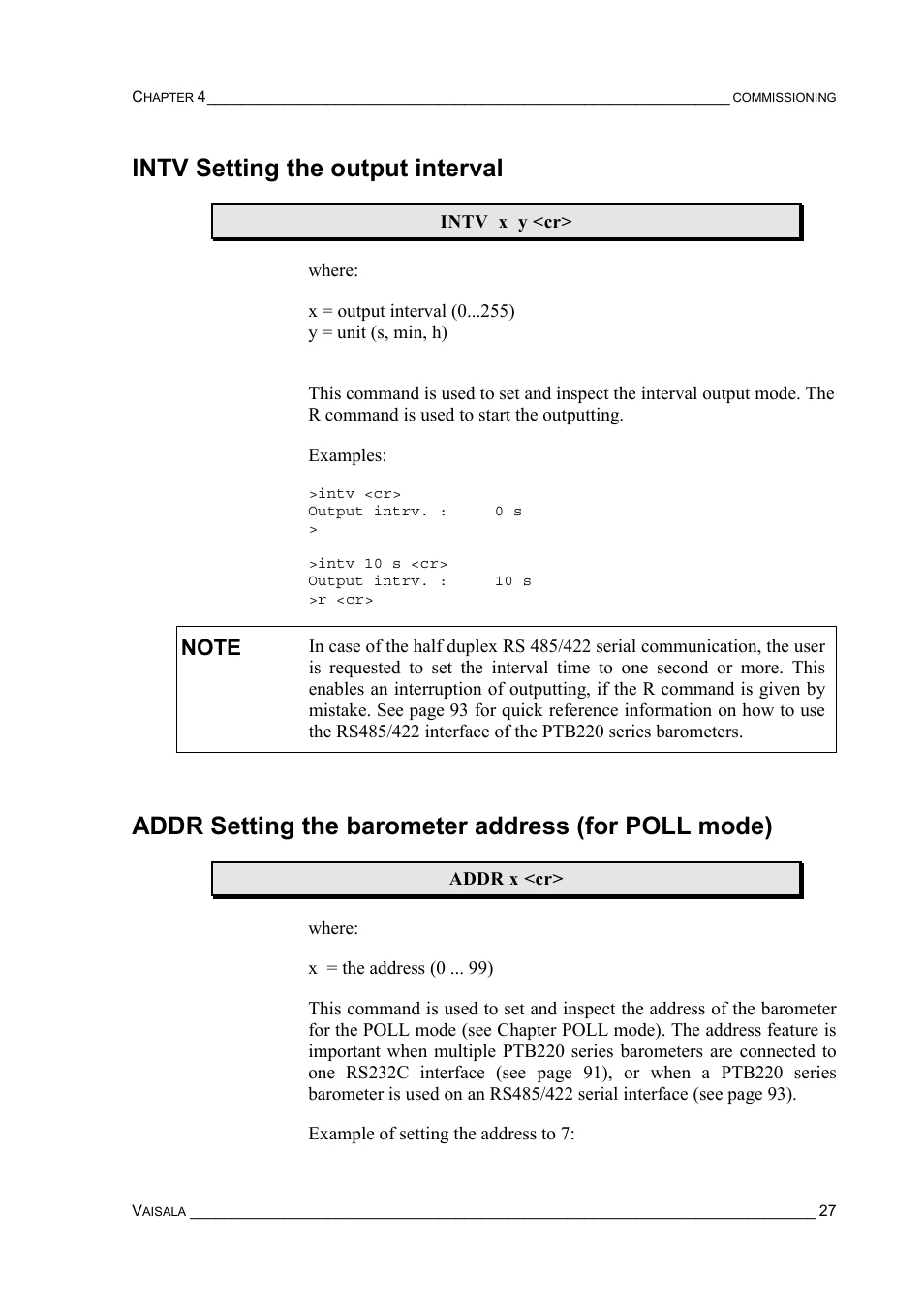 Intv setting the output interval, Addr setting the barometer address (for poll mode) | Vaisala PTB220 User Manual | Page 33 / 113