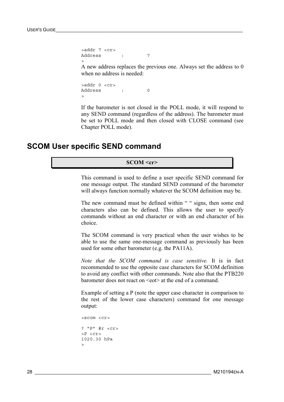 Scom user specific send command | Vaisala PTB220 User Manual | Page 34 / 113