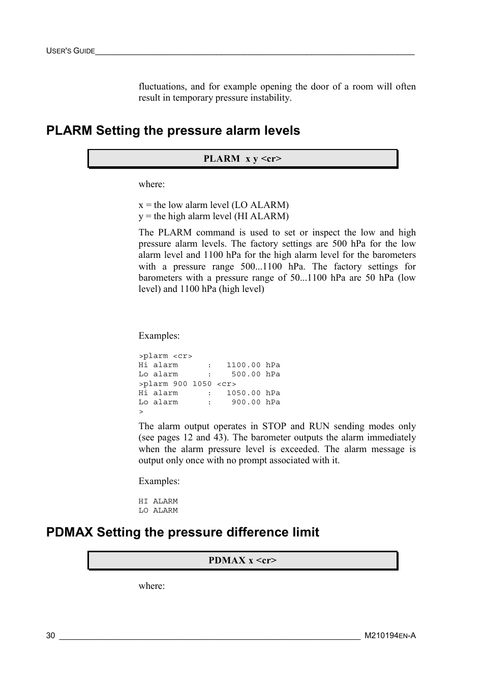 Plarm setting the pressure alarm levels, Pdmax setting the pressure difference limit | Vaisala PTB220 User Manual | Page 36 / 113