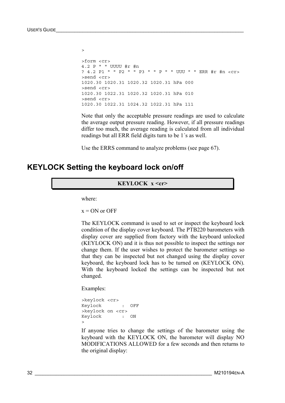 Keylock setting the keyboard lock on/off | Vaisala PTB220 User Manual | Page 38 / 113