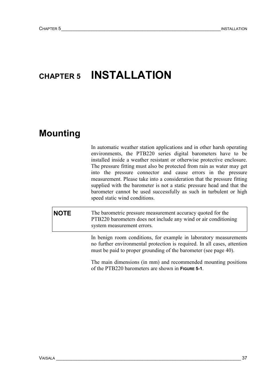 Chapter 5 installation, Mounting, Chapter 5 | Installation mounting, Installation | Vaisala PTB220 User Manual | Page 43 / 113