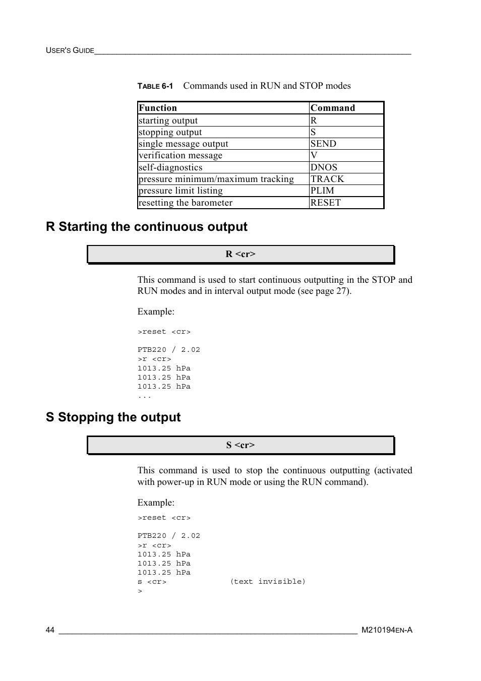 R starting the continuous output, S stopping the output | Vaisala PTB220 User Manual | Page 50 / 113