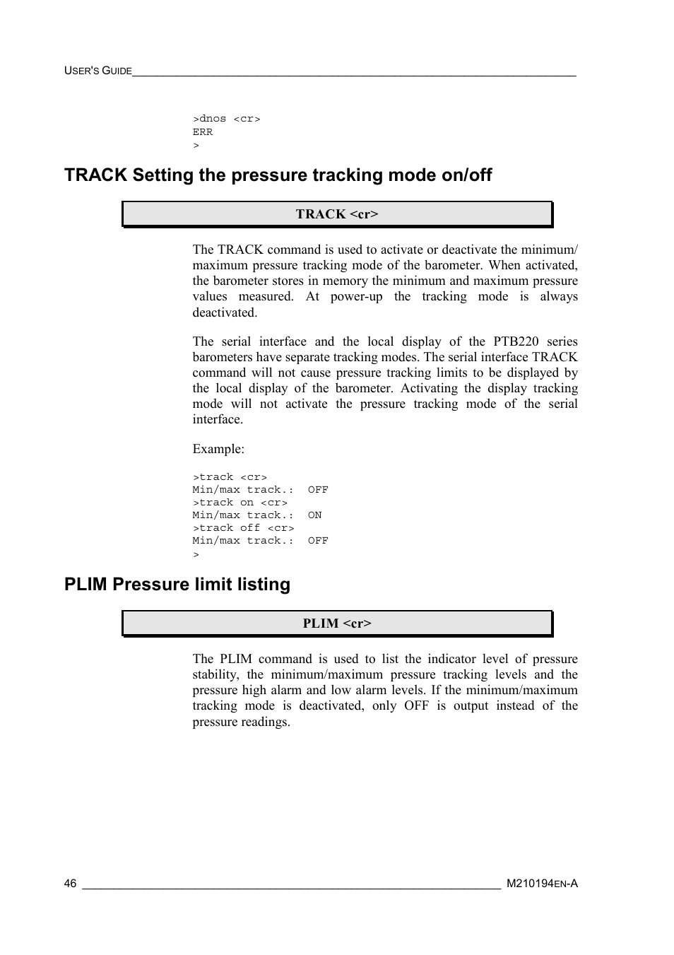 Track setting the pressure tracking mode on/off, Plim pressure limit listing | Vaisala PTB220 User Manual | Page 52 / 113