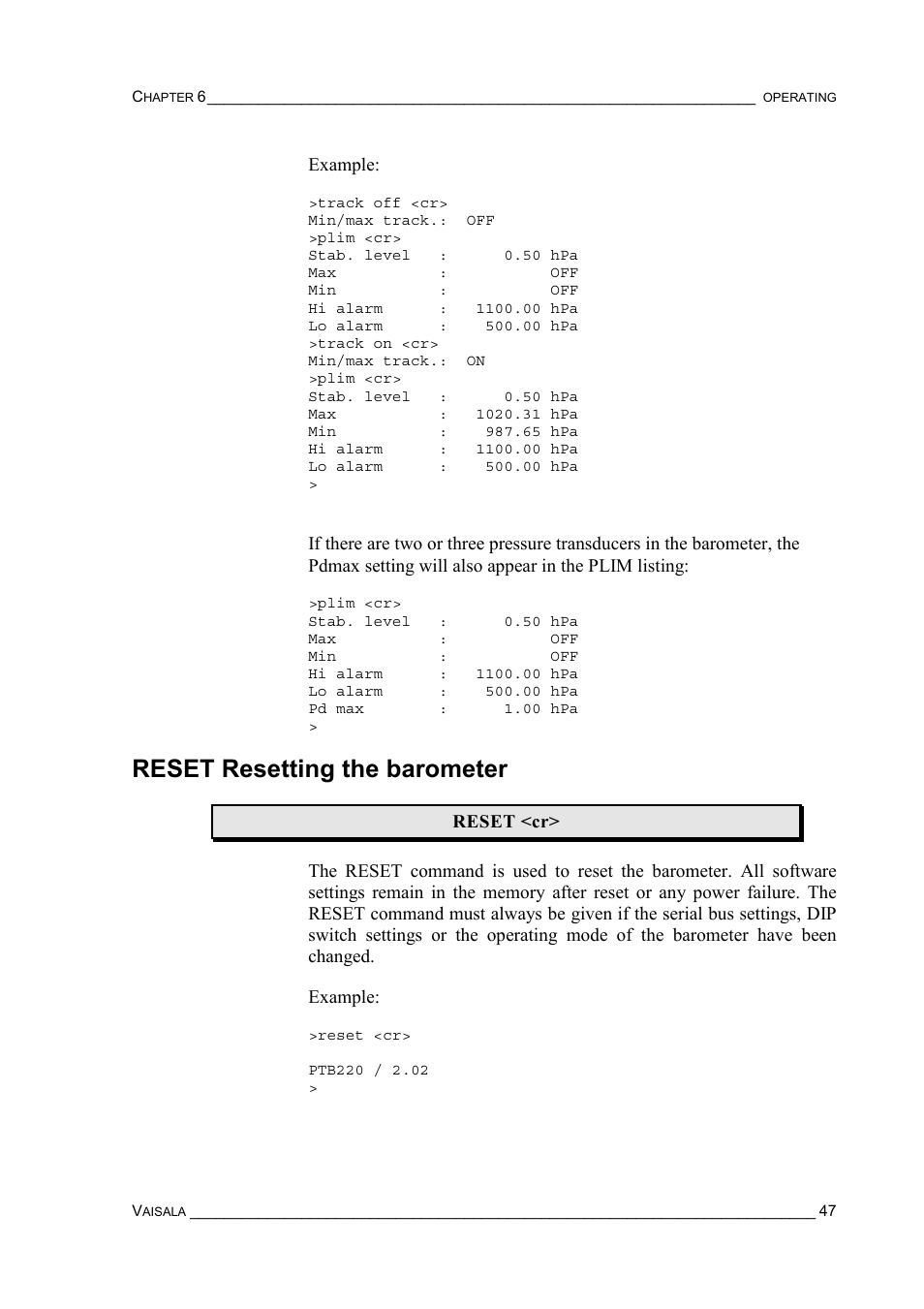 Reset resetting the barometer, Example | Vaisala PTB220 User Manual | Page 53 / 113