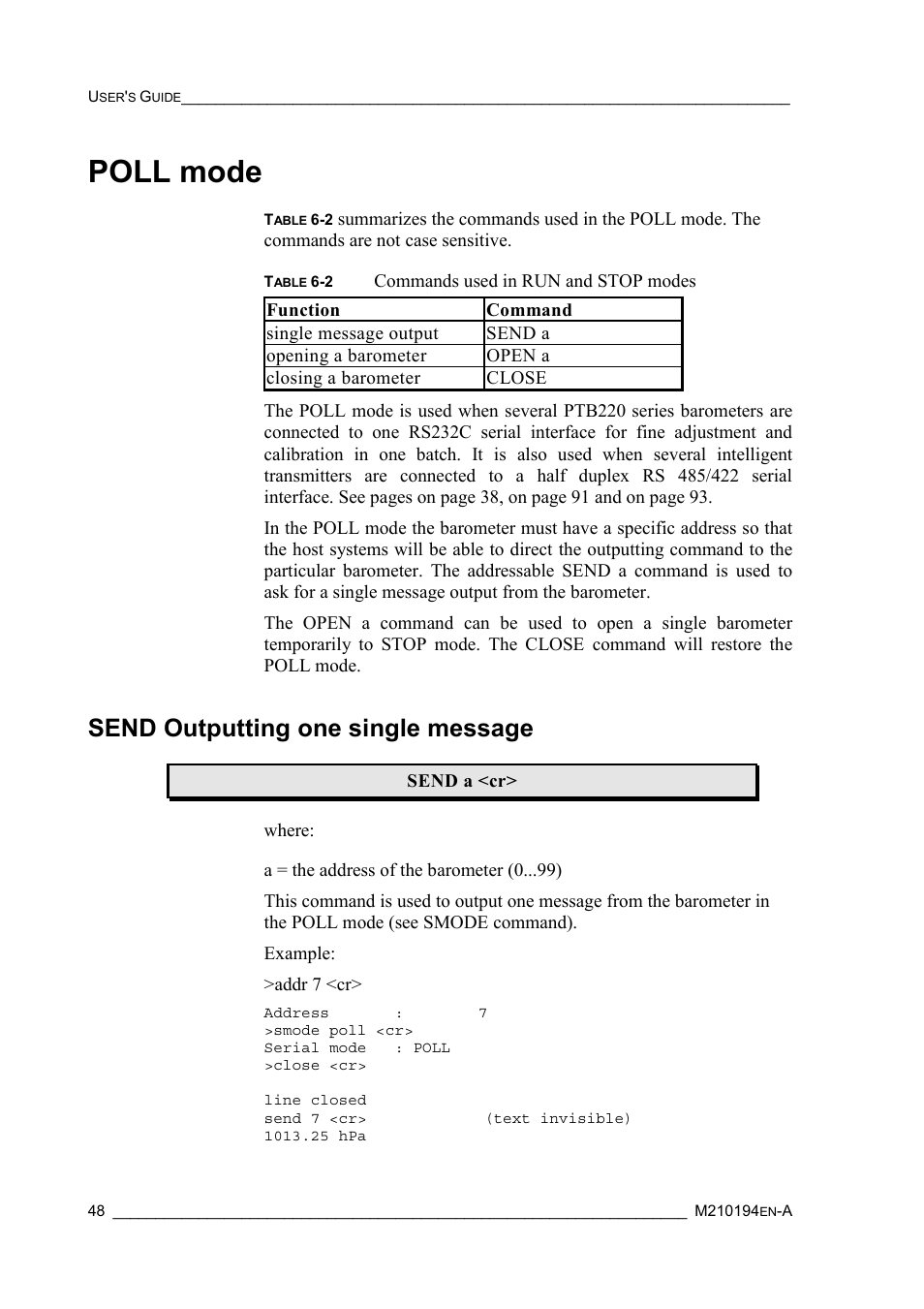 Poll mode, Send outputting one single message | Vaisala PTB220 User Manual | Page 54 / 113