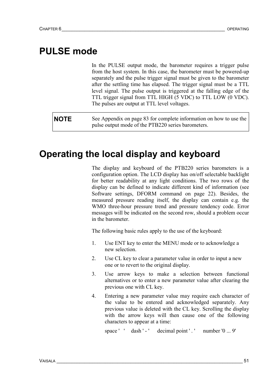 Pulse mode, Operating the local display and keyboard | Vaisala PTB220 User Manual | Page 57 / 113