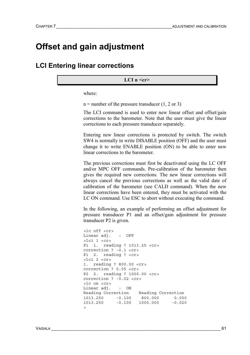 Offset and gain adjustment, Lci entering linear corrections | Vaisala PTB220 User Manual | Page 67 / 113
