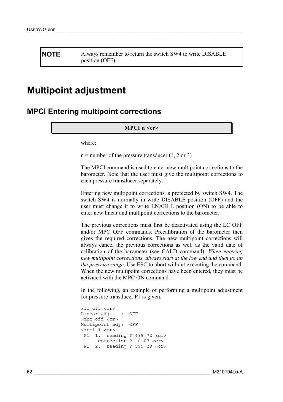 Multipoint adjustment, Mpci entering multipoint corrections | Vaisala PTB220 User Manual | Page 68 / 113