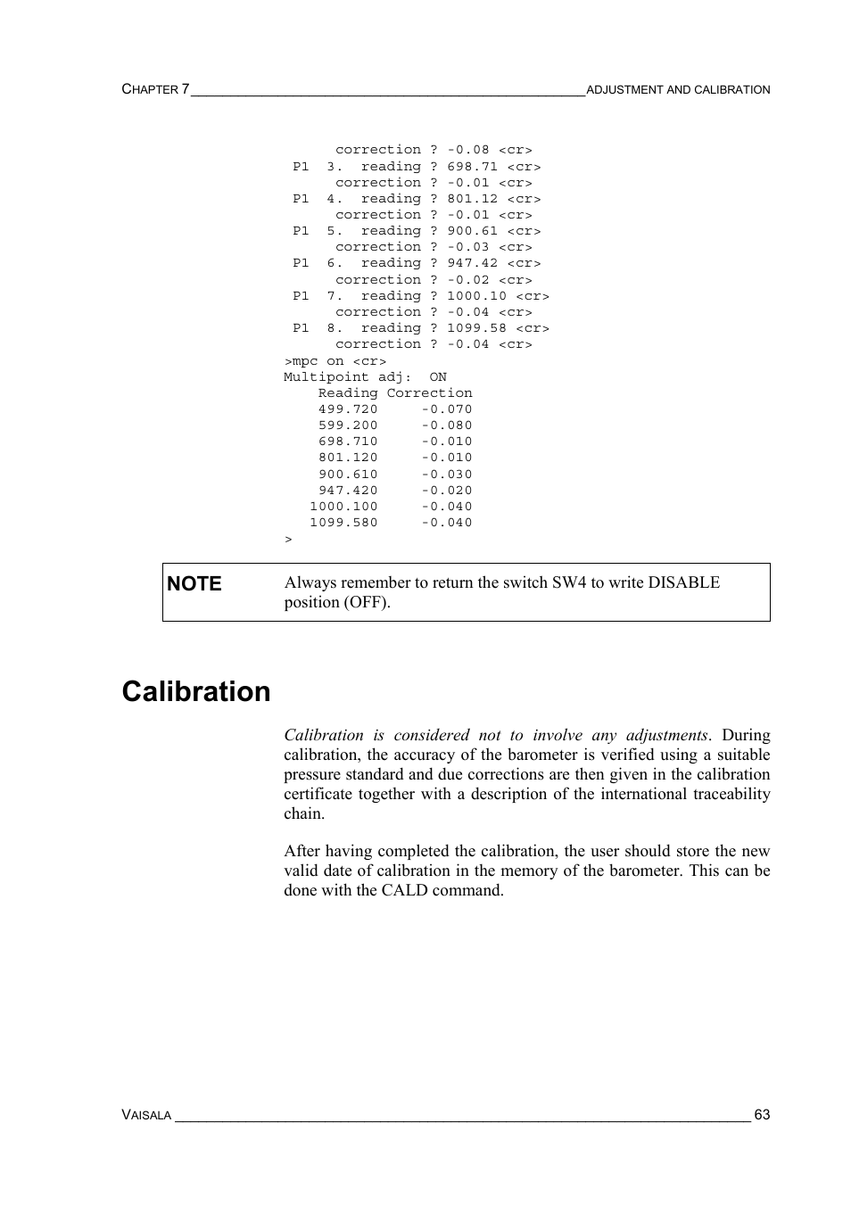 Calibration | Vaisala PTB220 User Manual | Page 69 / 113