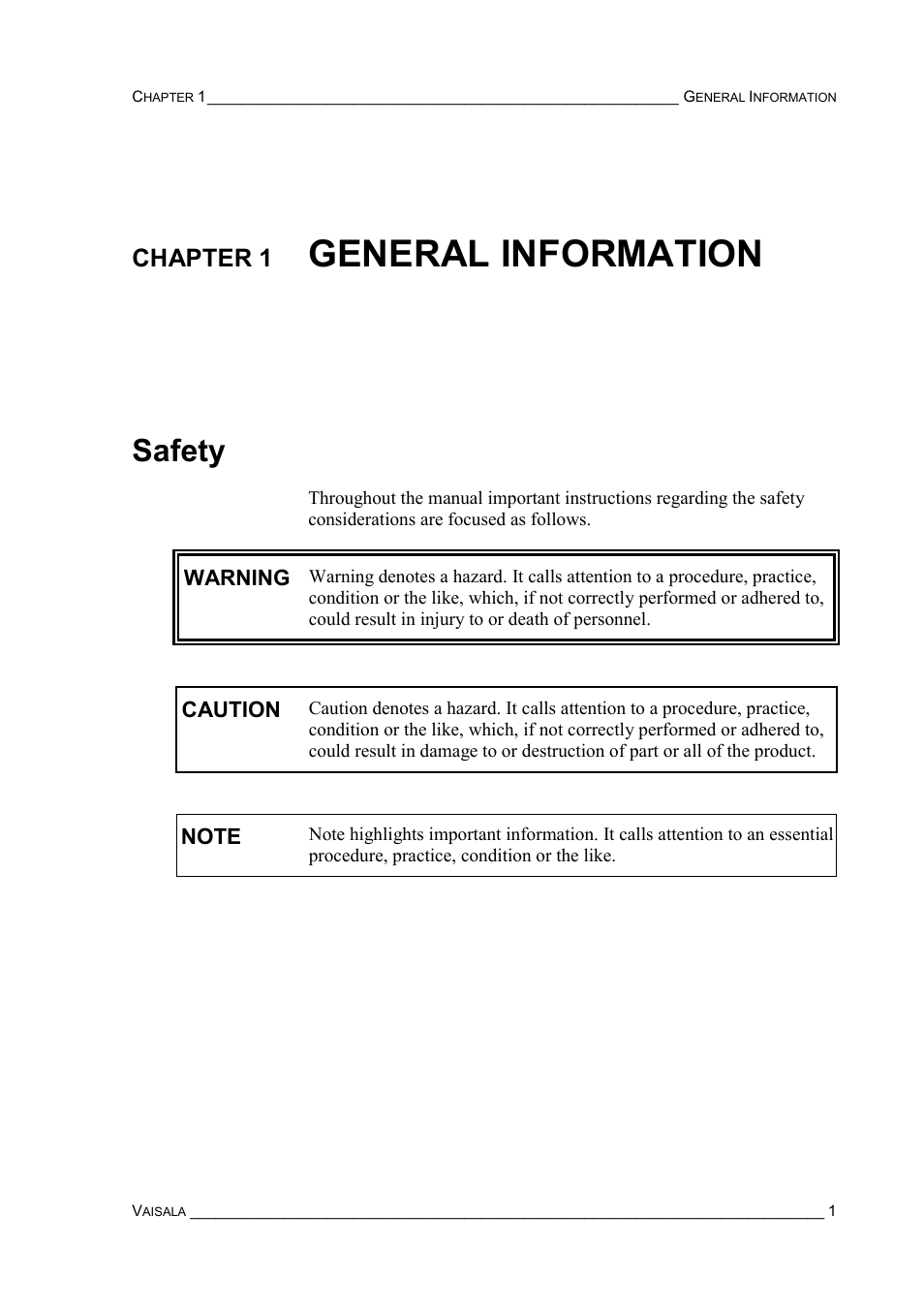 Chapter 1 general information, Safety, Chapter 1 | General information safety, General information | Vaisala PTB220 User Manual | Page 7 / 113