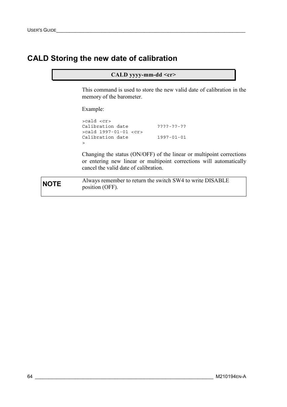 Cald storing the new date of calibration | Vaisala PTB220 User Manual | Page 70 / 113