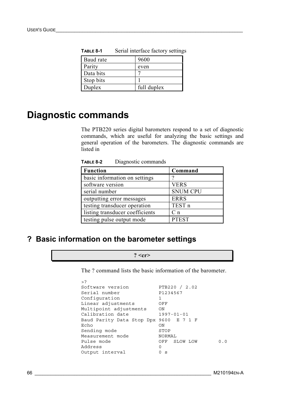 Diagnostic commands, Basic information on the barometer settings | Vaisala PTB220 User Manual | Page 72 / 113