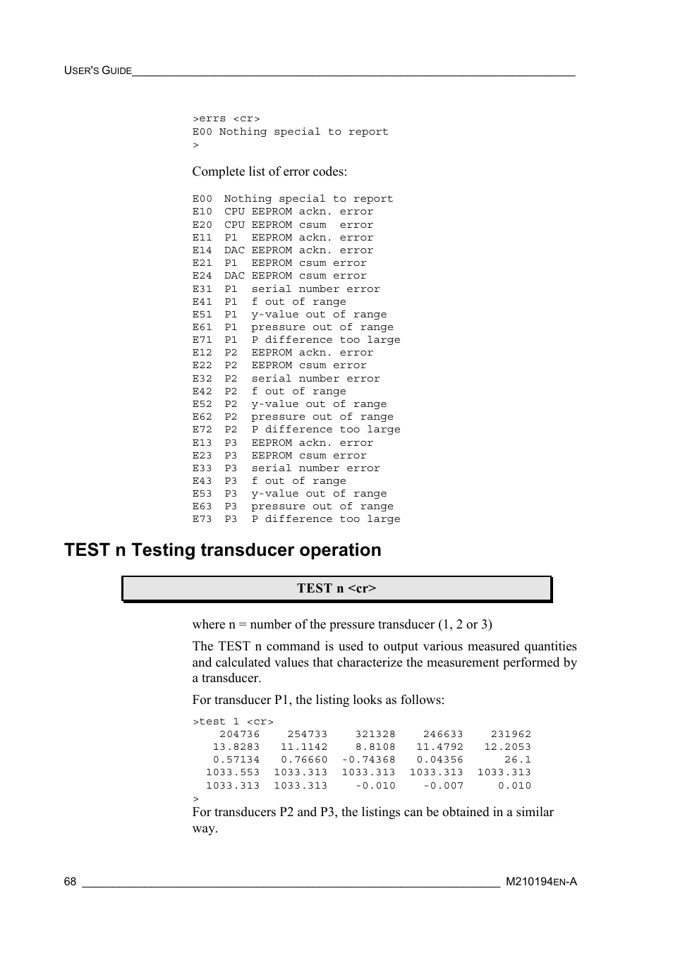 Test n testing transducer operation, Complete list of error codes | Vaisala PTB220 User Manual | Page 74 / 113