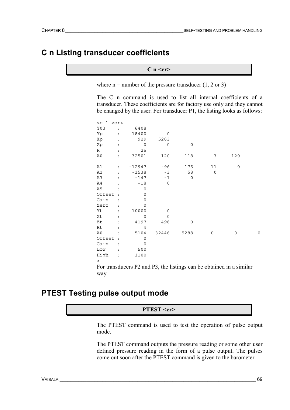 C n listing transducer coefficients, Ptest testing pulse output mode | Vaisala PTB220 User Manual | Page 75 / 113