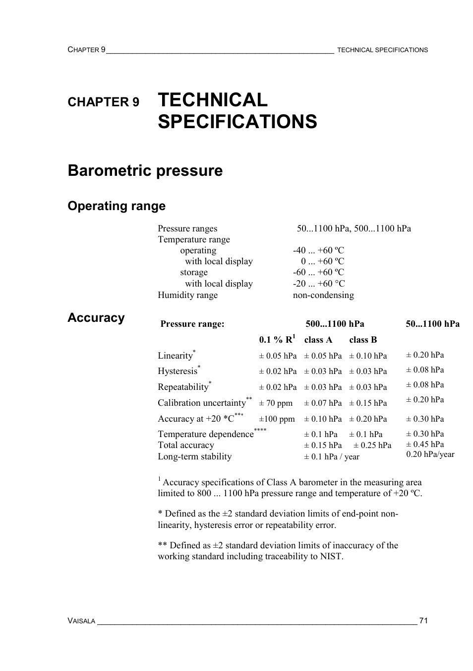 Chapter 9 technical specifications, Barometric pressure, Operating range | Accuracy, Chapter 9, Technical specifications barometric pressure, Technical specifications | Vaisala PTB220 User Manual | Page 77 / 113