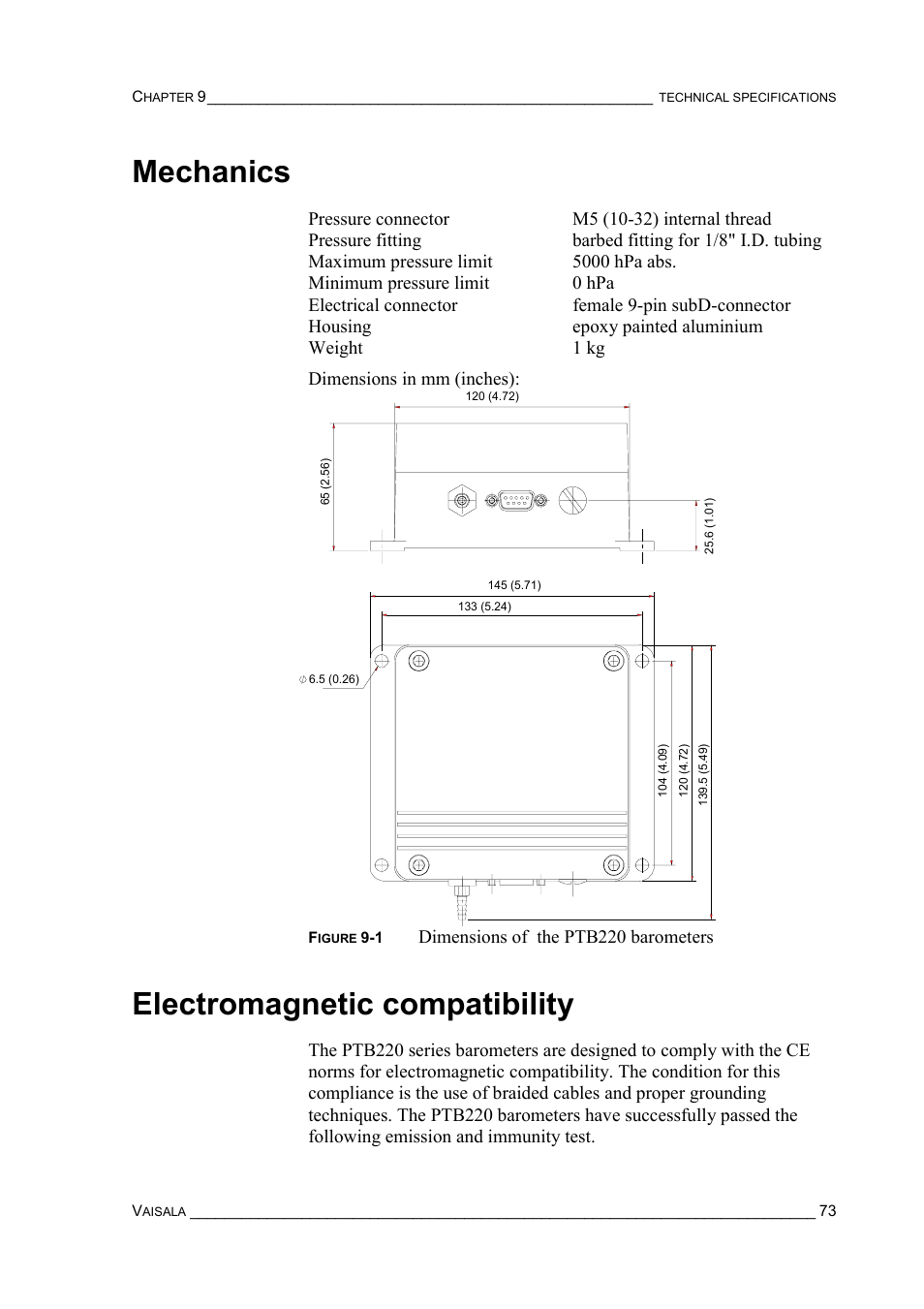 Mechanics, Electromagnetic compatibility, Mechanics electromagnetic compatibility | Dimensions of the ptb220 barometers | Vaisala PTB220 User Manual | Page 79 / 113