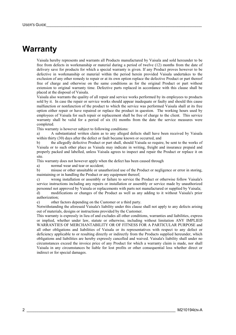 Warranty | Vaisala PTB220 User Manual | Page 8 / 113
