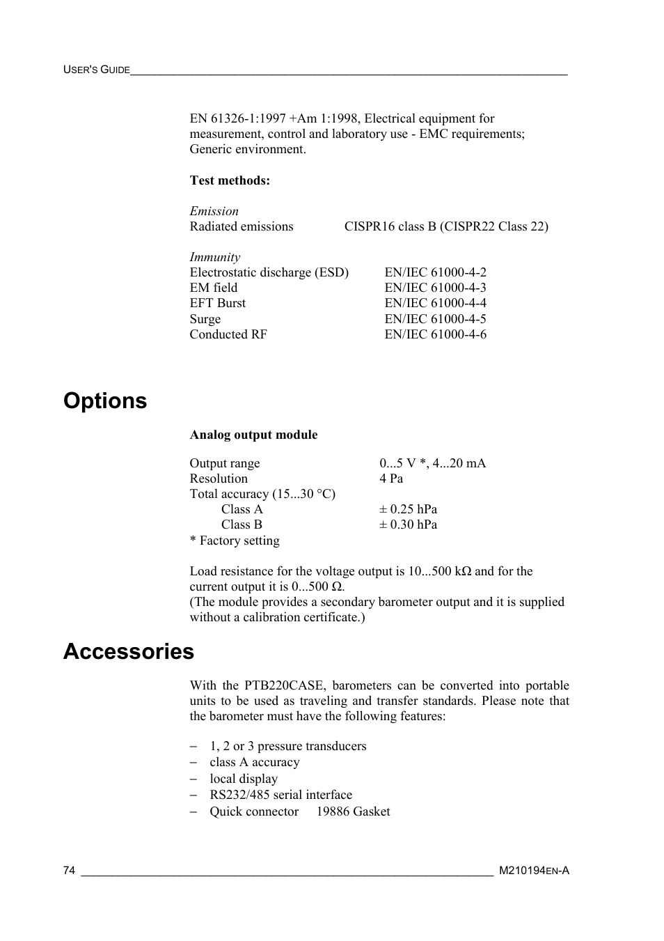 Options, Accessories | Vaisala PTB220 User Manual | Page 80 / 113