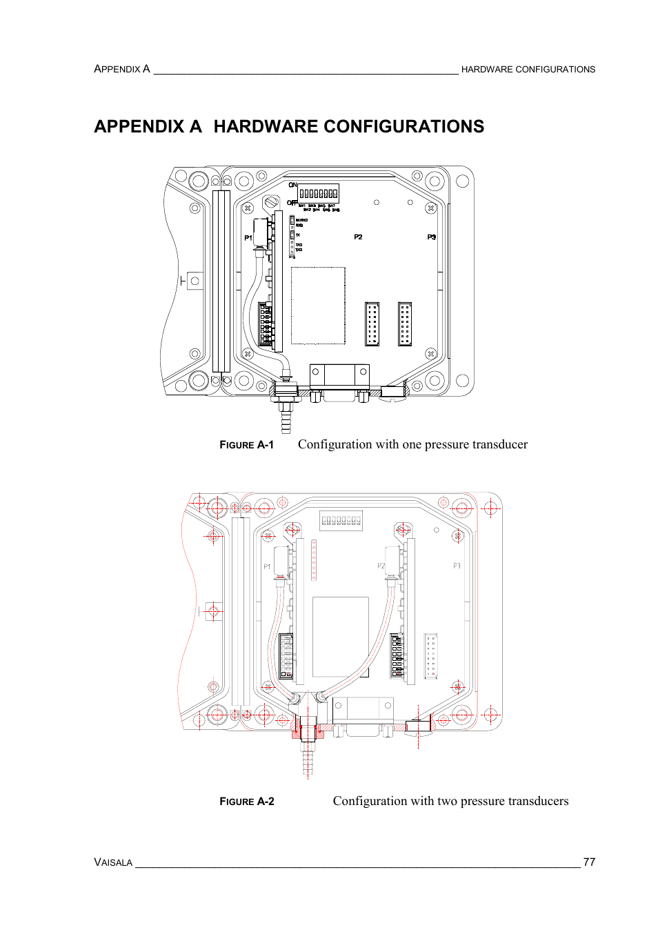Appendix a hardware configurations, Appendix b pin assignments, Configuration with one pressure transducer | Configuration with two pressure transducers | Vaisala PTB220 User Manual | Page 83 / 113