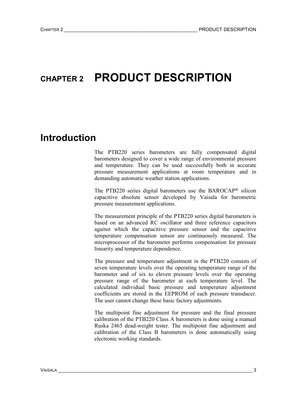 Chapter 2 product description, Introduction, Chapter 2 | Product description introduction, Product description | Vaisala PTB220 User Manual | Page 9 / 113