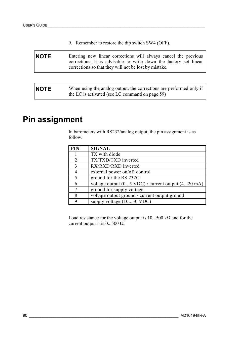 Pin assignment, Multiple ptb220 barometers on rs232c | Vaisala PTB220 User Manual | Page 96 / 113