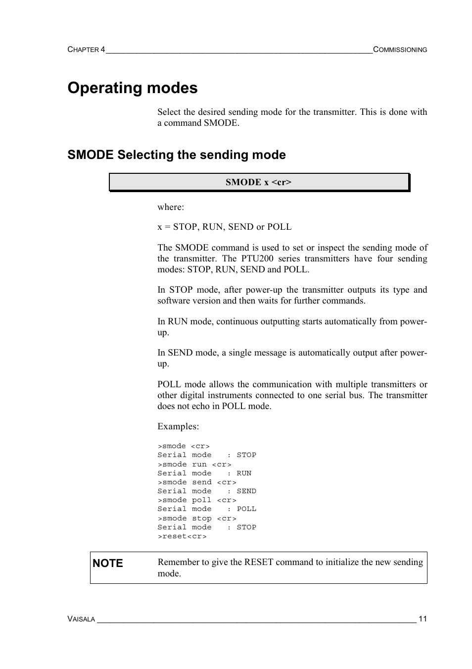 Operating modes, Smode selecting the sending mode | Vaisala PTU200 User Manual | Page 15 / 64