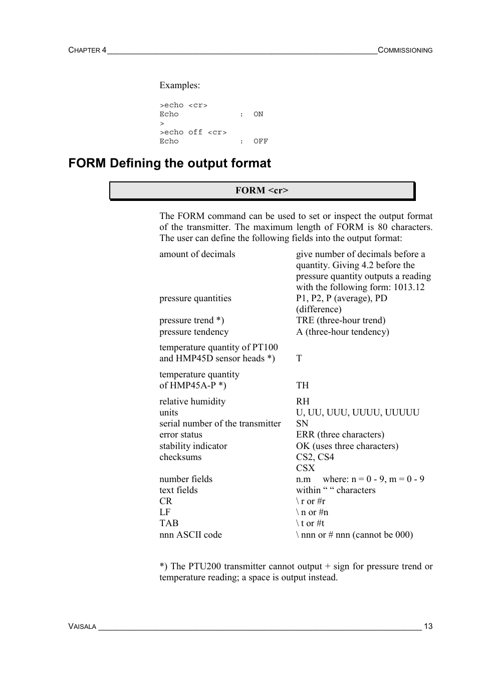 Form defining the output format | Vaisala PTU200 User Manual | Page 17 / 64