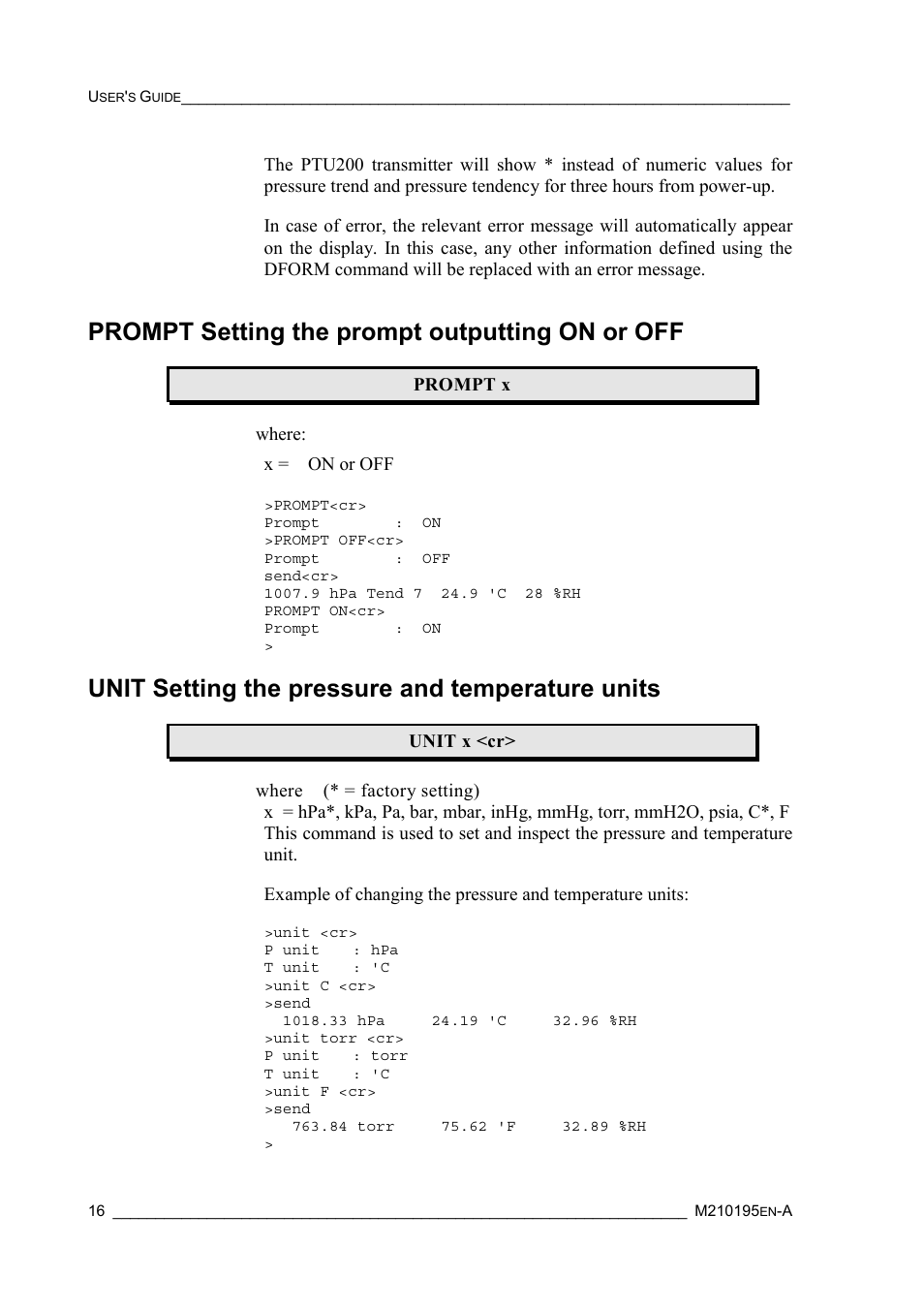 Prompt setting the prompt outputting on or off, Unit setting the pressure and temperature units | Vaisala PTU200 User Manual | Page 20 / 64