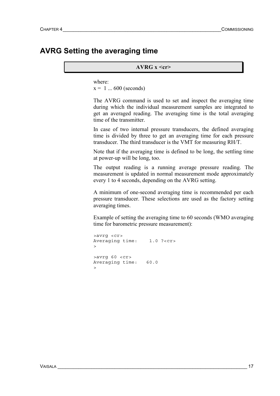 Avrg setting the averaging time | Vaisala PTU200 User Manual | Page 21 / 64
