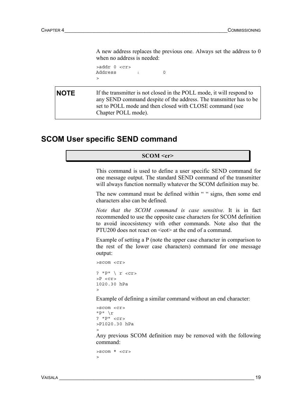 Scom user specific send command | Vaisala PTU200 User Manual | Page 23 / 64