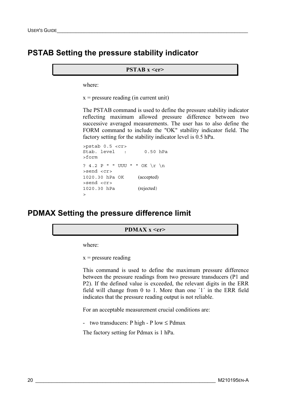 Pstab setting the pressure stability indicator, Pdmax setting the pressure difference limit | Vaisala PTU200 User Manual | Page 24 / 64