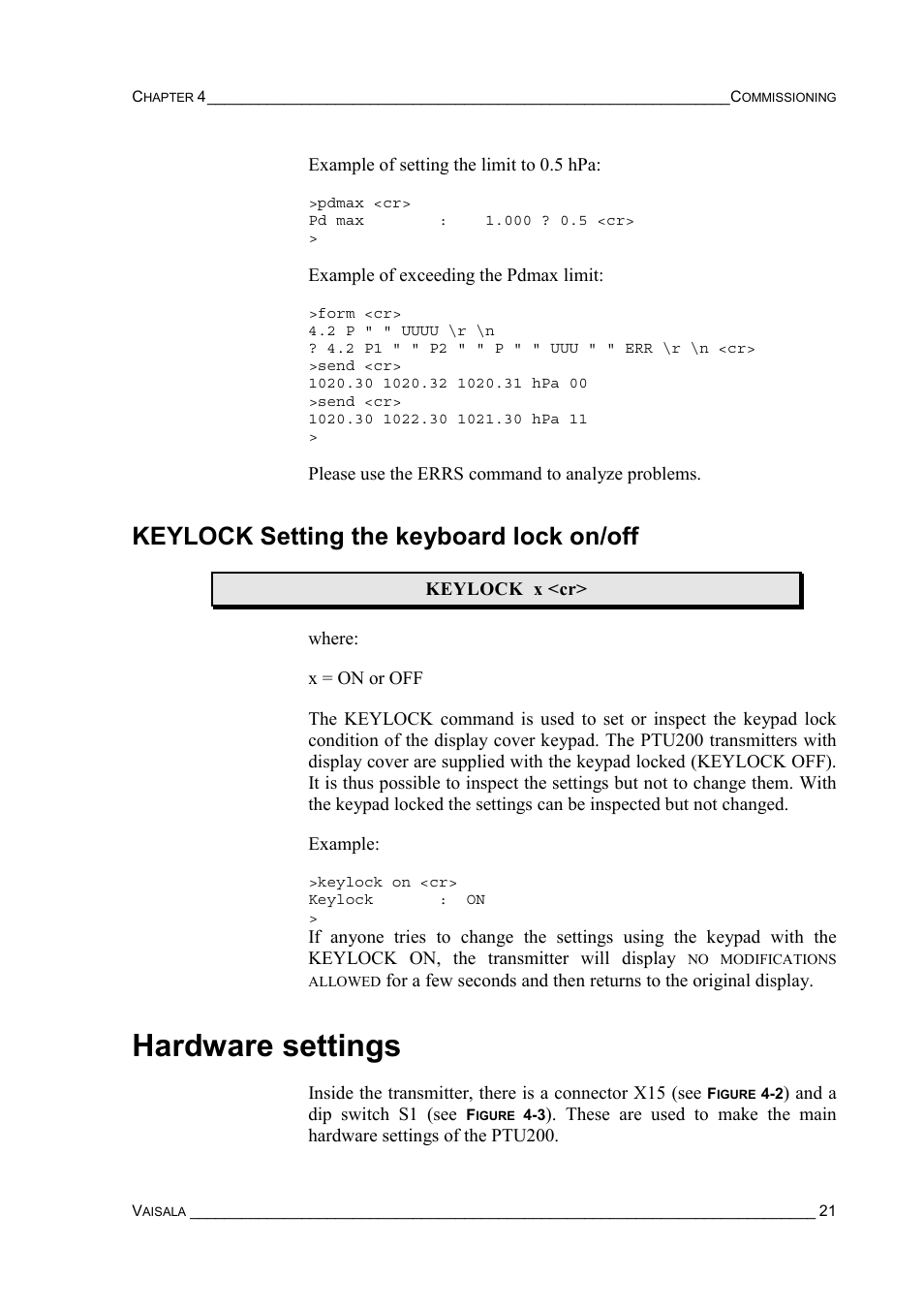 Keylock setting the keyboard lock on/off, Hardware settings | Vaisala PTU200 User Manual | Page 25 / 64