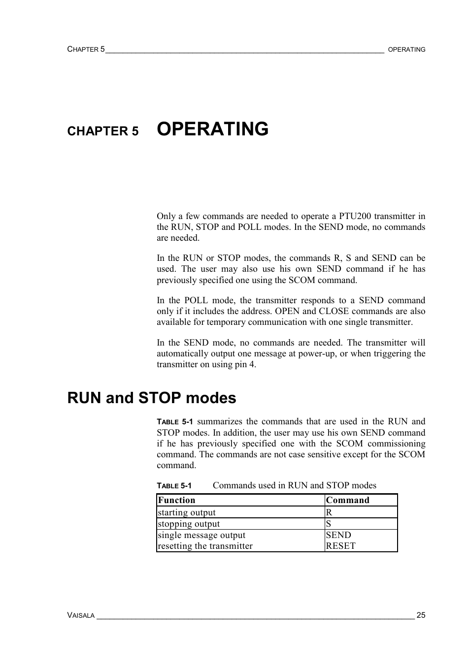 Chapter 5 operating, Run and stop modes, Chapter 5 | Operating run and stop modes, Operating | Vaisala PTU200 User Manual | Page 29 / 64