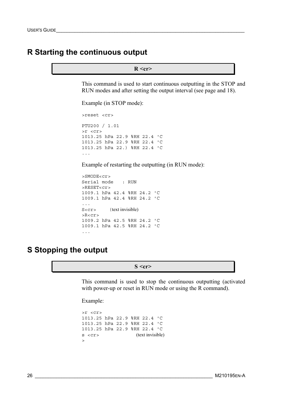 R starting the continuous output, S stopping the output | Vaisala PTU200 User Manual | Page 30 / 64