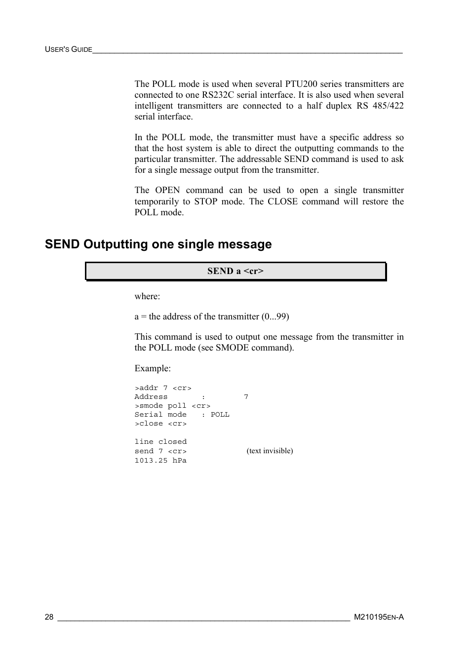 Send outputting one single message | Vaisala PTU200 User Manual | Page 32 / 64