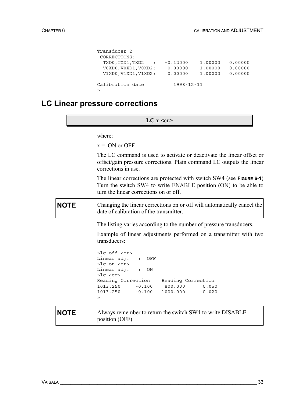 Lc linear pressure corrections | Vaisala PTU200 User Manual | Page 37 / 64