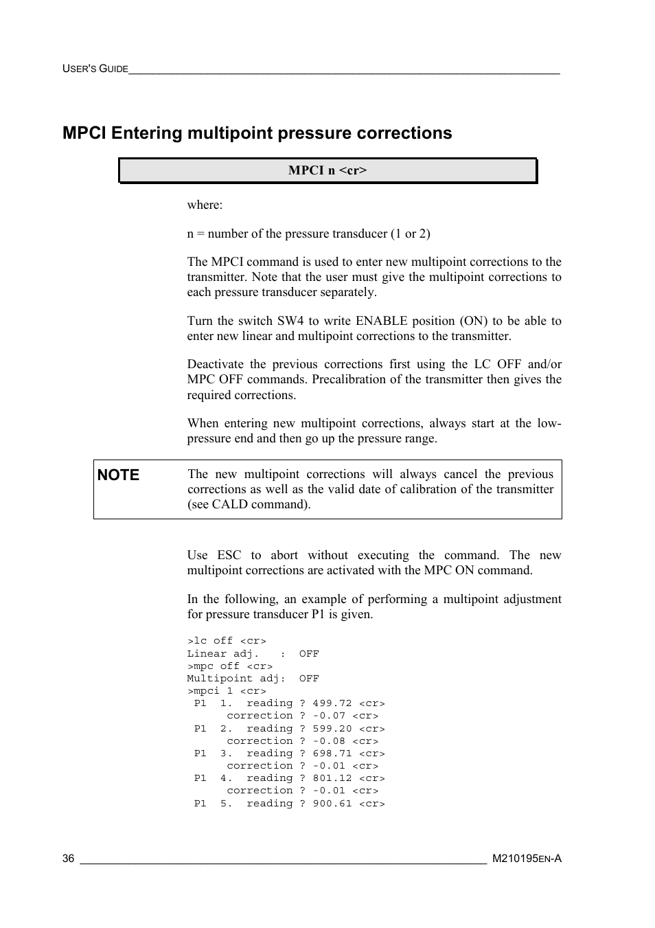 Mpci entering multipoint pressure corrections | Vaisala PTU200 User Manual | Page 40 / 64