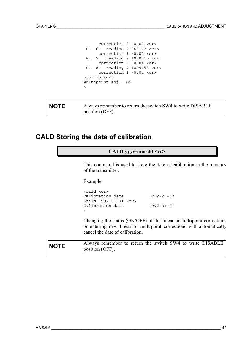 Cald storing the date of calibration | Vaisala PTU200 User Manual | Page 41 / 64