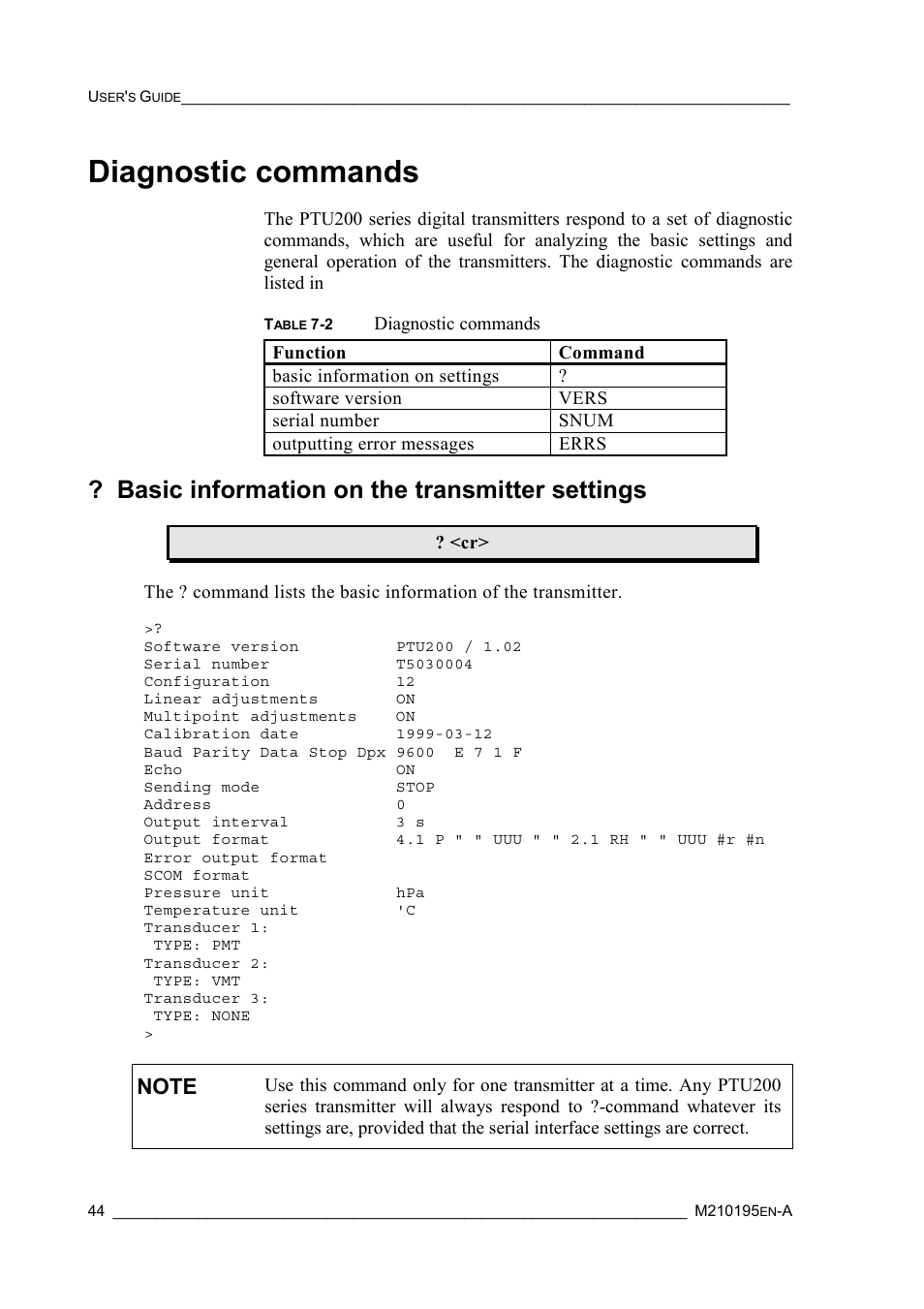 Diagnostic commands, Basic information on the transmitter settings | Vaisala PTU200 User Manual | Page 48 / 64
