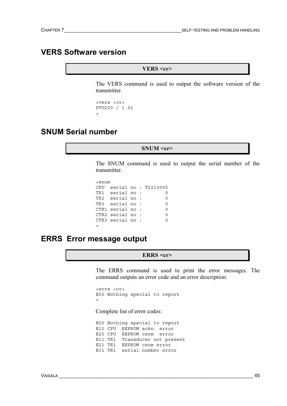 Vers software version, Snum serial number, Errs error message output | Vaisala PTU200 User Manual | Page 49 / 64