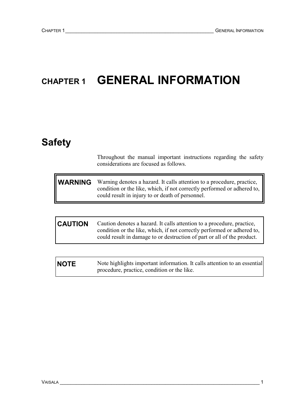 Chapter 1 general information, Safety, Chapter 1 | General information safety, General information | Vaisala PTU200 User Manual | Page 5 / 64