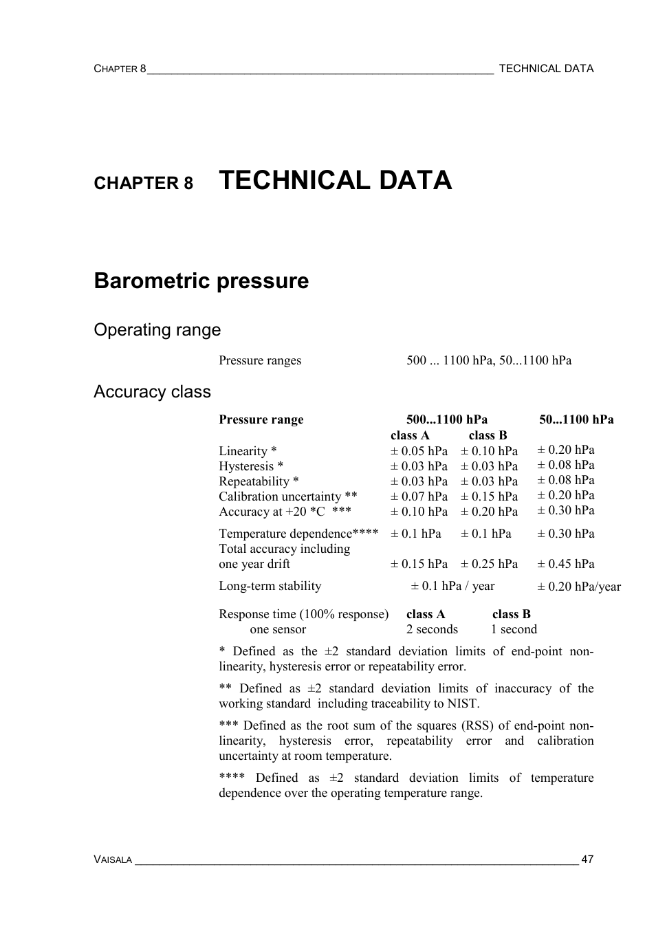 Chapter 8 technical data, Barometric pressure, Operating range | Accuracy class, Chapter 8, Technical data barometric pressure, Operating range accuracy class, Technical data | Vaisala PTU200 User Manual | Page 51 / 64