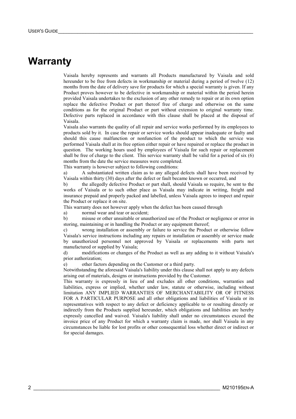 Warranty | Vaisala PTU200 User Manual | Page 6 / 64