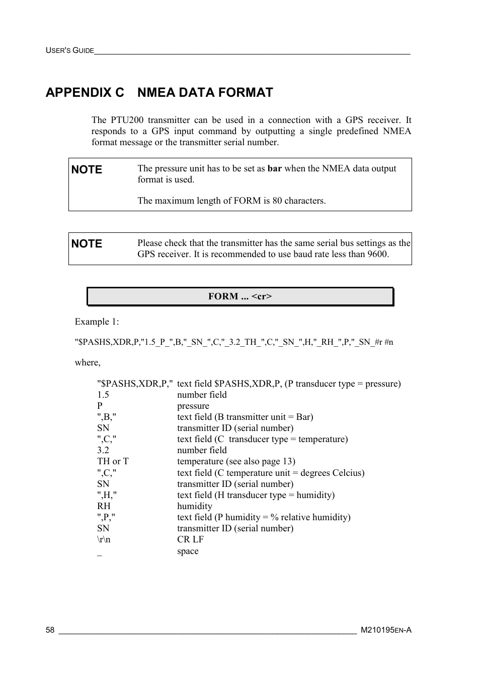 Appendix c nmea data format | Vaisala PTU200 User Manual | Page 62 / 64