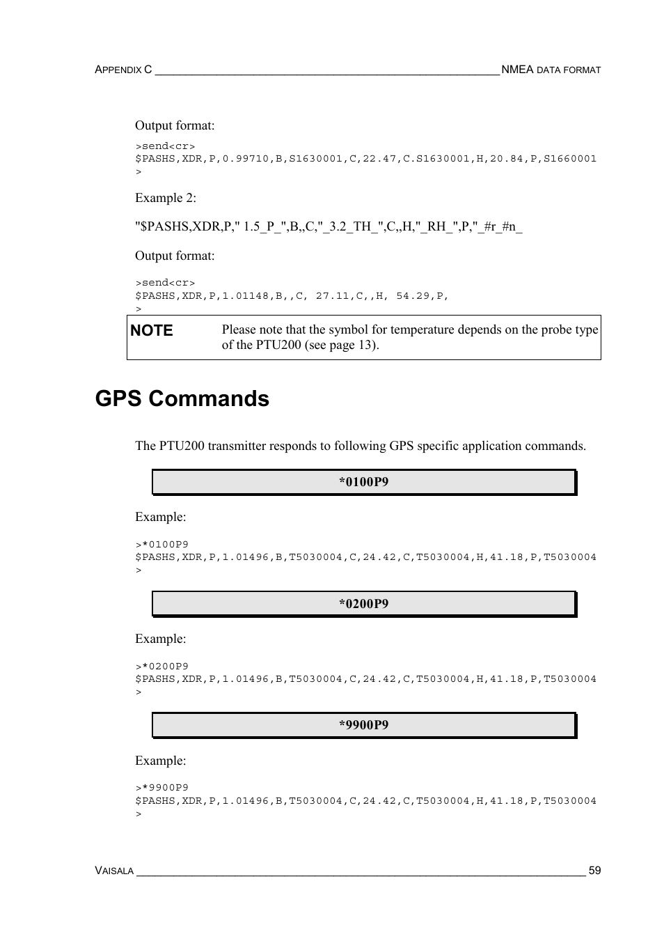 Gps commands | Vaisala PTU200 User Manual | Page 63 / 64